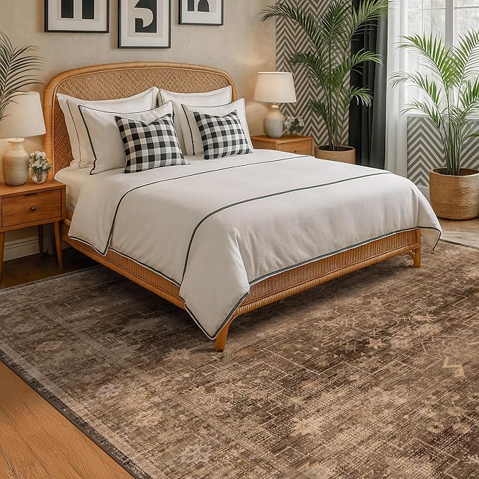 Brown Rug for Living Room 10x12 - Large Vintage Western Eclectic Unique Neutral Taupe, Washable Low Pile Non-Slip Area Rug for Dining Under Table, Bedroom Under Bed, Home Office
