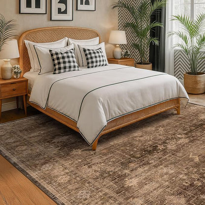 Brown Rug for Living Room 10x12 - Large Vintage Western Eclectic Unique Neutral Taupe, Washable Low Pile Non-Slip Area Rug for Dining Under Table, Bedroom Under Bed, Home Office