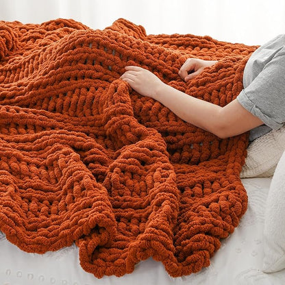 Battilo Orange Chunky Knit Throw Blanket for Couch, Fall Throw Blanket, Rust Throw Fall Decorations, Thick Warm Cozy Soft Chenille Throw Blanket for Sofa, Bed, Living Room, 50"x60"