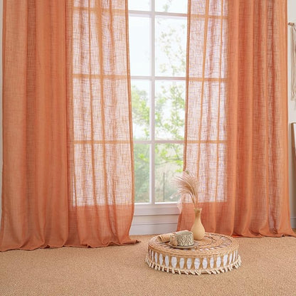LAMIT 95 Inches Long Linen Curtains for Living Room, Back Tab and Rod Pocket Semi Sheer Curtains Light Filtering Farmhouse Drapes for Bedroom/Dining Room, Burnt Orange, Set of 2, 52 x 95 Inch