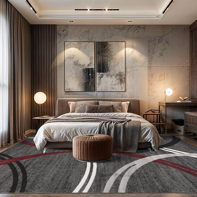 Rugshop Modern Wavy Circles Design Non-Shedding Area Rug, Carpet for Living Room or Dining Room, Grand Room,Open Spaces Red, 8'8" x 12'