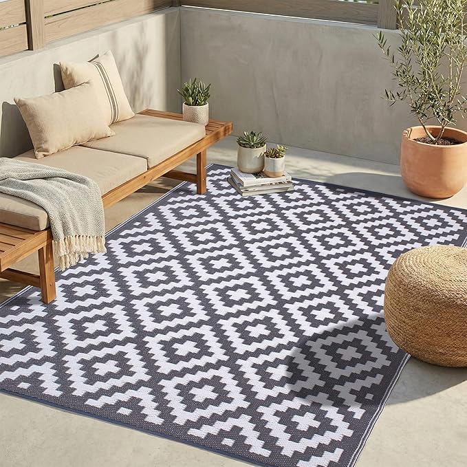 FH Home Outdoor Rug - Waterproof, Fade Resistant, Reversible - Premium Recycled Plastic - Geometric - Porch, Deck, Balcony, Mudroom, Laundry Room, Patio - Aztec - Gray & White Crease Free - 3 x 5 ft