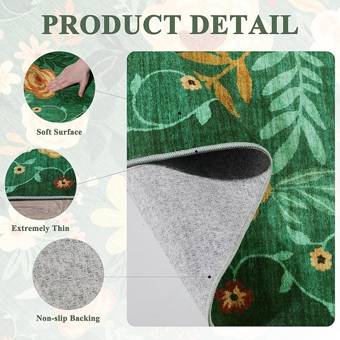 DUKINO 8x10 Area Rug, Floral Rugs for Living Room, Lightweight Non Slip Washable Rug, Indoor Low Pile & Non-Shedding Boho Design Rugs for Bedroom, Living Room, Dining Room, Dark Green