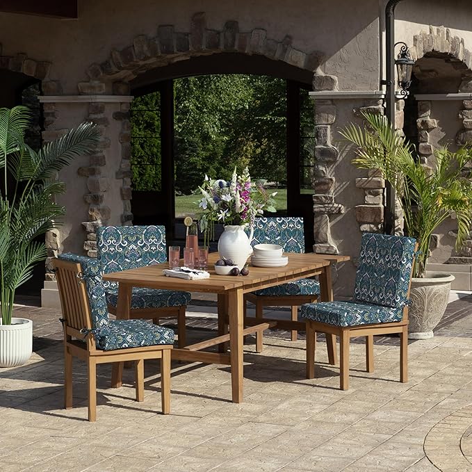 Arden Foam Outdoor Dining Chair Cushion, 20 x 20, Made with ProFoam, Rain-Proof, Fade Resistant, Sapphire Aurora Blue Damask