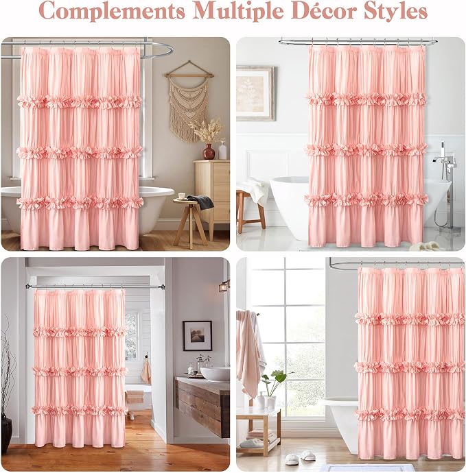 Victorian Peach Ruffle Shower Curtain 60"W x 72"L, Ruched Microfiber Vintage - Image 7