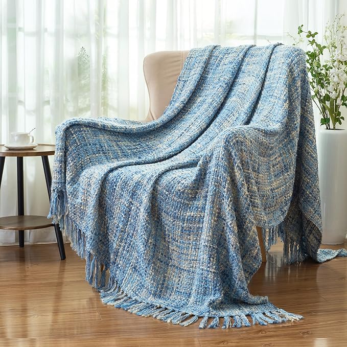Multi-Color Light Blue Cable Knitted Throw Blanket for Couch,60"X80" Boho Style Textured Blankets for Home Decor,Super Soft Warm Cozy Chunky Knit Blanket with Decorative Tassels for Bed