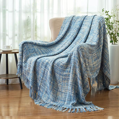 Multi-Color Light Blue Cable Knitted Throw Blanket for Couch,60"X80" Boho Style Textured Blankets for Home Decor,Super Soft Warm Cozy Chunky Knit Blanket with Decorative Tassels for Bed