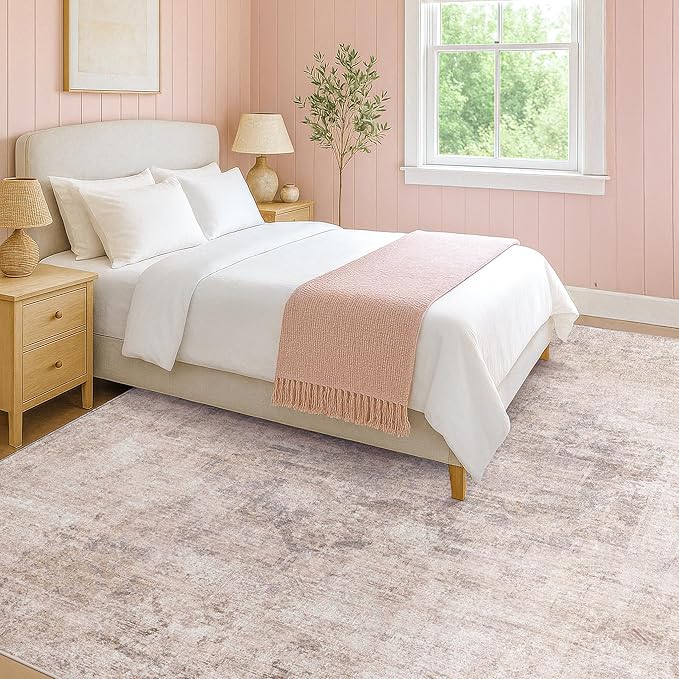 Modern Washable Bedroom Area Rug 5x8, Abstract Rugs for Living Room, Dining Room, Kids Room Girls, Pink and Grey Distressed Medallion Pattern, Non Slip Low Pile Stain Resistent