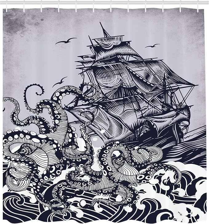 Ambesonne Nautical Shower Curtain, Coastal Nature Theme Kraken Octopus Tentacles - Image 2