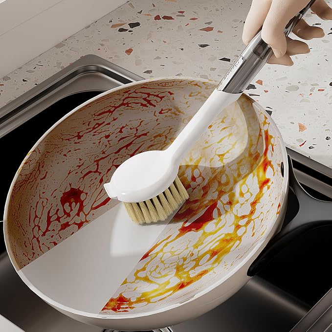 Kitchen Cleaning Brush, Pot Dish Brush Pots Comfortable Long Built-in Scraper - Image 3