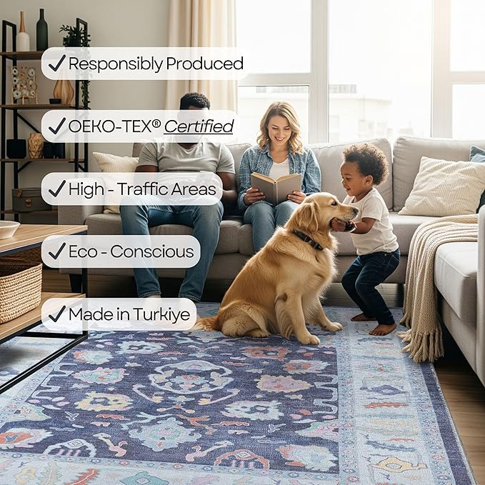 Fame Rugs Navy Blue Modern Oushak Rug 8x10, Vintage Turkish Colorful Oriental Washable Antique Inspired Large Area Rugs, Luxury Living Room Bedroom (388NB, 7'6 x 10')
