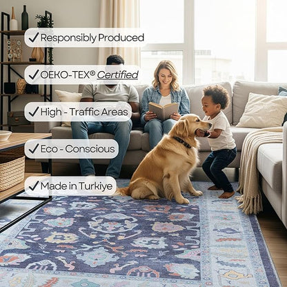Fame Rugs Navy Blue Modern Oushak Rug 8x10, Vintage Turkish Colorful Oriental Washable Antique Inspired Large Area Rugs, Luxury Living Room Bedroom (388NB, 7'6 x 10')