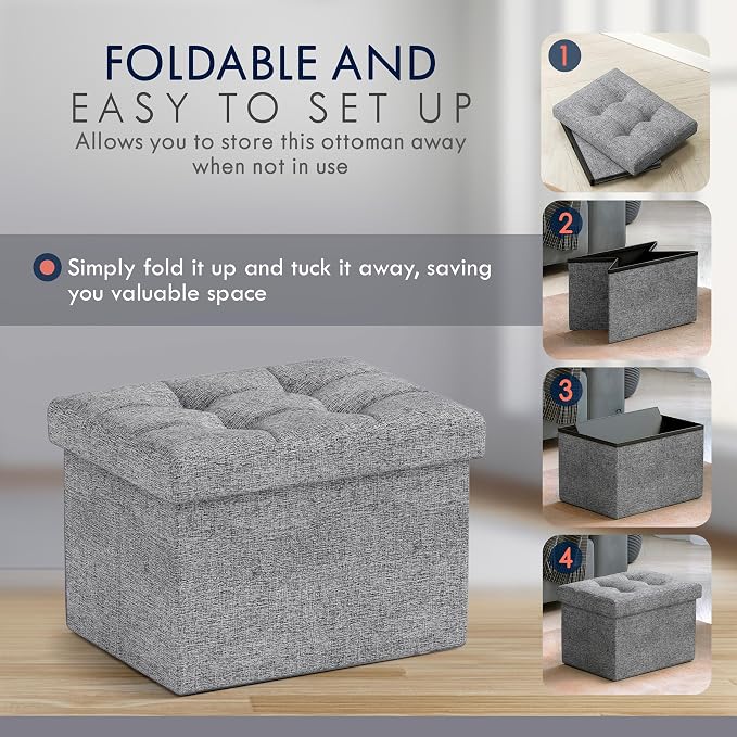 Ornavo Home Small Storage Ottoman Foldable Collapsible Rectangle Linen Ottoman - Image 5