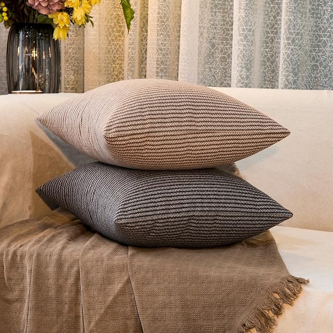 Throw Pillow Covers Square Pillow Cases for Farmhouse Cushion Case and Home Sofa Couch Decor Pack of 2,18x18 Inch Senior Brown Striped