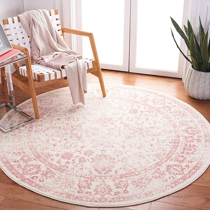 SAFAVIEH Adirondack Collection Area Rug - 8' Round, Ivory & Rose, Distressed Vintage Floral Design, Non-Shedding & Easy to Clean, Ideal for Living Room, Bedroom, Dining Space (ADR109H)