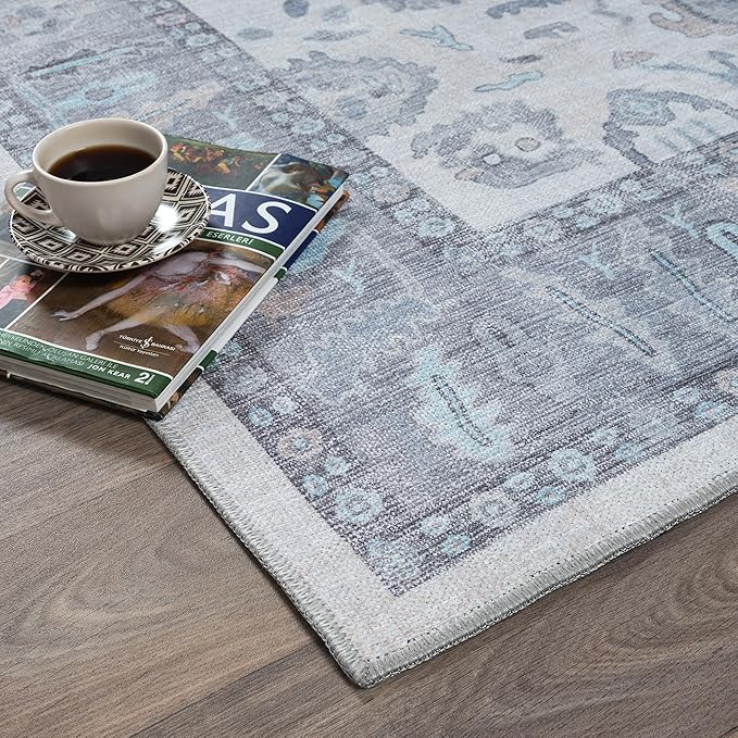 Fame Rugs Gray Modern Oushak Rug 2x3, Vintage Doormat Turkish Colorful Oriental Antique Inspired Washable Small Area Rug, Luxury Living Room Bedroom (384GB, 2' x 3')