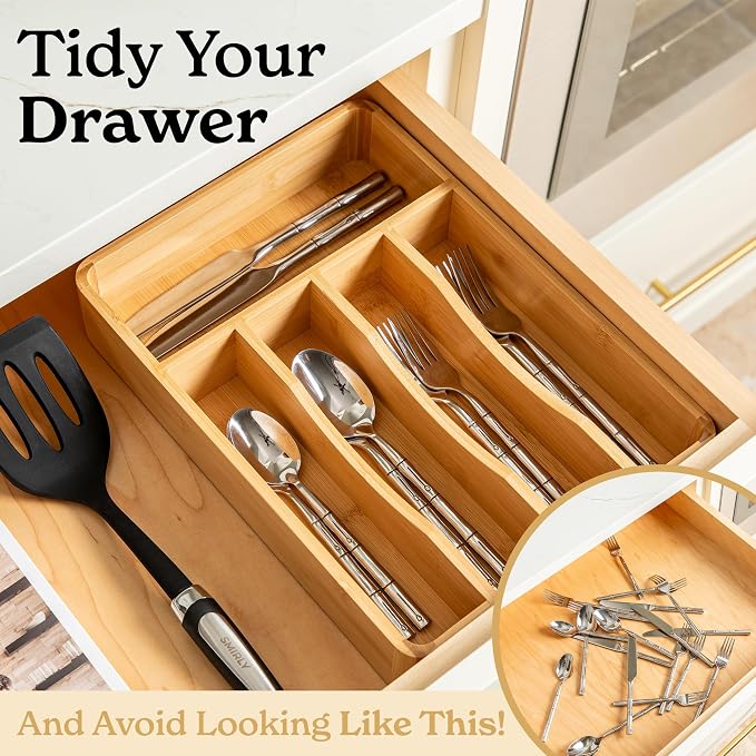 SMIRLY Silverware Drawer Organizer – Bamboo Kitchen Drawer Organizer, - Image 5