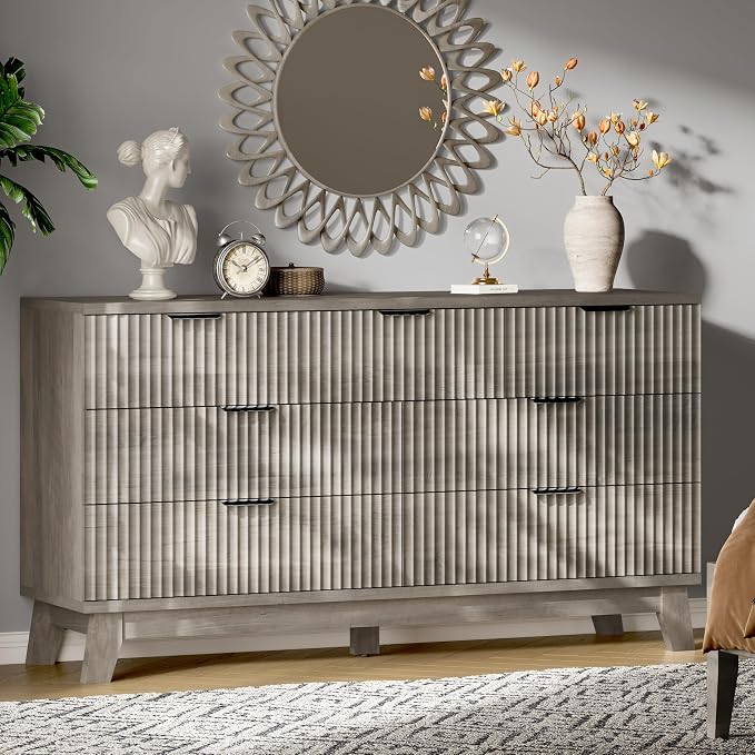 Fluted Dresser with 7 Drawers, Wooden Dresser TV Stand, Wood Closet Clothes by Xixini