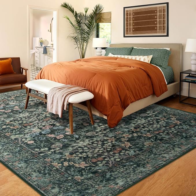 5x7 Washable Rug Vintage Floral Green Area Rug Non Slip Low Pile Large Rugs - Image 6