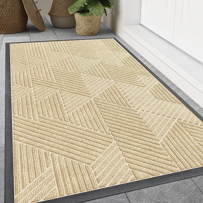 Smiry Front Door Mat Outside Entrance, Heavy Duty Sturdy Natural Rubber Doormat, Trap Dirt and Moisture, Easy Clean Low Profile Mats for Indoor Outdoor Entry, Irregular Triangle (71x24, Beige)