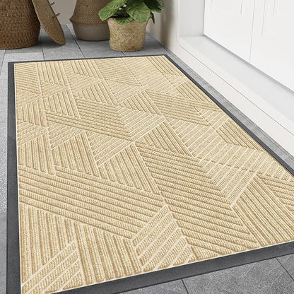 Smiry Front Door Mat Outside Entrance, Heavy Duty Sturdy Natural Rubber Doormat, Trap Dirt and Moisture, Easy Clean Low Profile Mats for Indoor Outdoor Entry, Irregular Triangle (71x24, Beige)