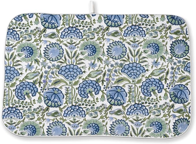 Boho Navy Blue Sage Green Dish Drying Mat 18x24 Inch Vintage Floral Drying Mat by DAFENA