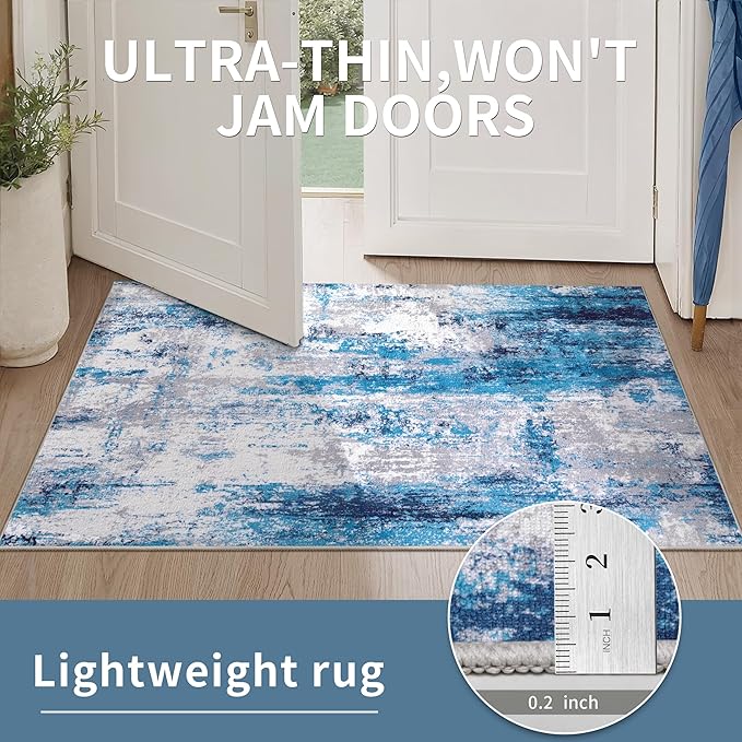 Ciicool Modern Abstract Area Rug 2x3 Washable Small Entryway Rugs, Non-Slip Low Pile Throw Rug, Foldable Kitchen Bathroom Rugs, Grey Blue Floor Carpet for Entrance Bedroom Indoor Doormat