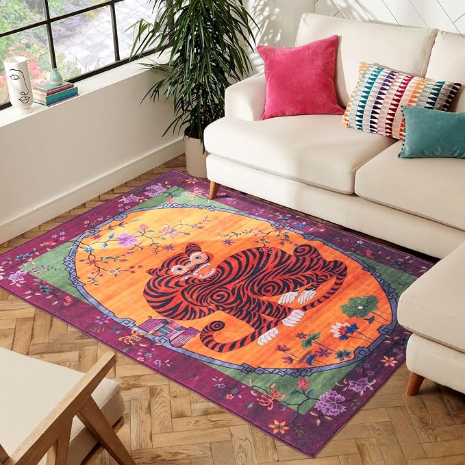 Tiger Rug Washable 3x5 ft Oriental Traditional Animal Print Vintage Fuchsia - Image 4