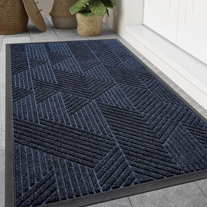 Smiry Front Door Mat Outside Entrance, Heavy Duty Sturdy Natural Rubber Doormat, Trap Dirt and Moisture, Easy Clean Low Profile Mats for Indoor Outdoor Entry, Irregular Triangle (47x17, Navy Blue)