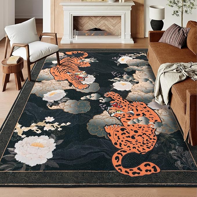 Japanese Tiger 5X7 Area Rug, Washable Black Leopard Tiger Rugs by CILEPMID-TimelessComfort