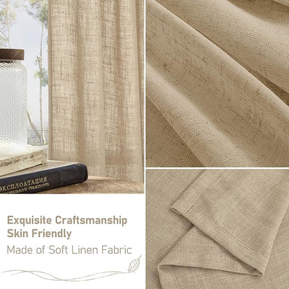 LAMIT Semi Sheer Short Linen Curtains 24 Inch Long, Light Filtering Panels Back Tab and Rod Pocket Neutral Drapes for Cafe/Bathroom/Small Window, Brown, 2 Panels, 34 x 24 Inch