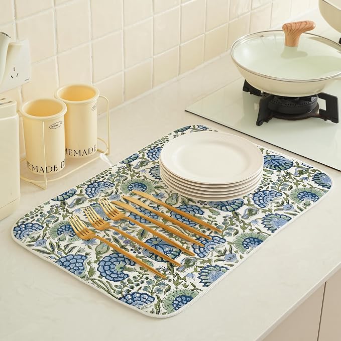 Blue Sage Green Floral Dish Drying Mats 18x24 Inch Sage Green Block Print - Image 2