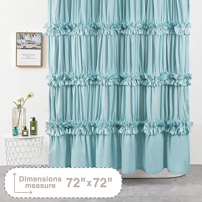 Spa Blue Ruffle Shower Curtain, Vintage Handcrafted Bow Tie Bath Curtain - Image 4