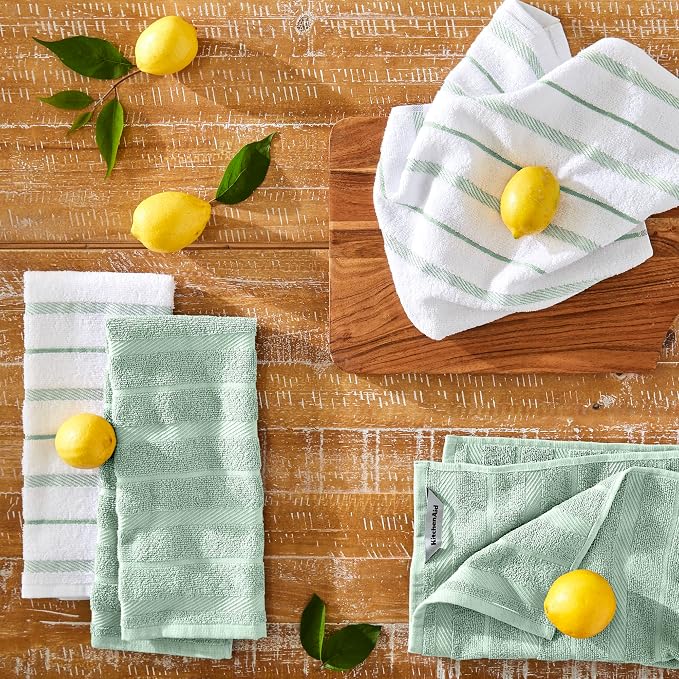 KitchenAid Albany Kitchen Towel 4-Pack Set, Pistachio/White - Image 2