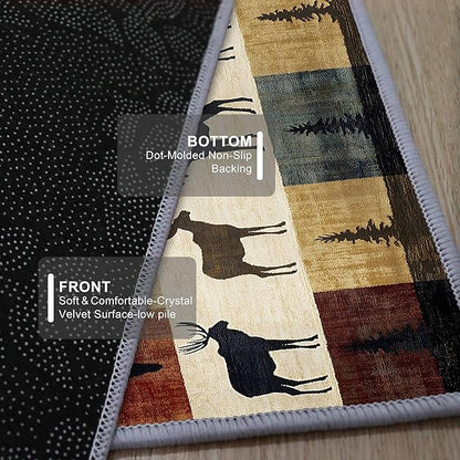 Colorful Elk Pine Tree Bohemian Hallway Rug 3.3x10ft with Checkered Texture - Retro Washable Kitchen Mat, Non-Slip Floor Decor for Dining Room Balcony, Canvas Art Style