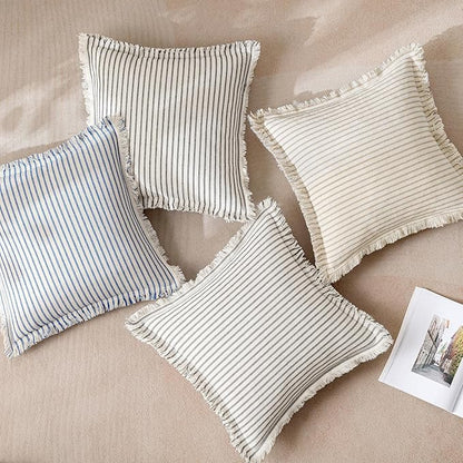 MIULEE Pack of 2 Royal Blue Pillow Covers 20x20 Inch Striped Farmhouse Couch Throw Pillow Covers with Fringe Chic Linen Decorative Cushion Covers for Sofa Living Room Bed Outdoor Home Decor