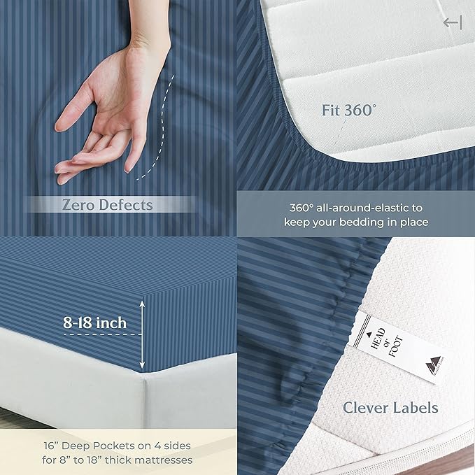Mayfair Linen 100% Cotton Striped Sheets Twin Size Bed Set - 500 Thread Count Damask Sheets Twin Size 3 PC Set (Light Blue Stripe), Soft, Cooling, Sateen Hotel-Quality 16" Deep Pocket Cotton Bedsheet