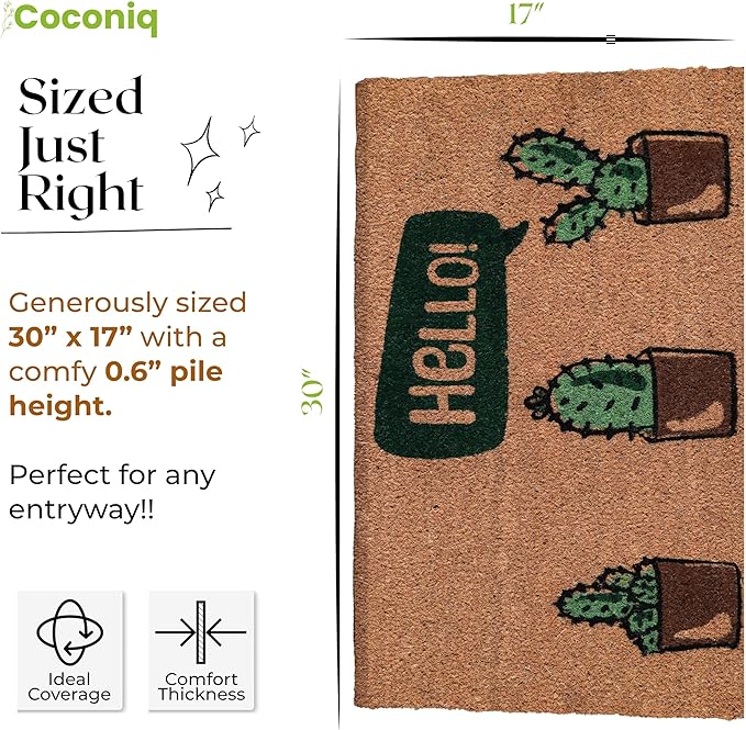 Coir Door Mats 17" X 30", Non-Slip Sturdy, PVC Backed Heavy Duty, Easy to Clean, Ideal for Door Entrance, Patio, Porch, Backyard, Garages, Hello Cactus