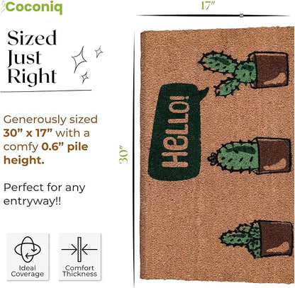 Coir Door Mats 17" X 30", Non-Slip Sturdy, PVC Backed Heavy Duty, Easy to Clean, Ideal for Door Entrance, Patio, Porch, Backyard, Garages, Hello Cactus