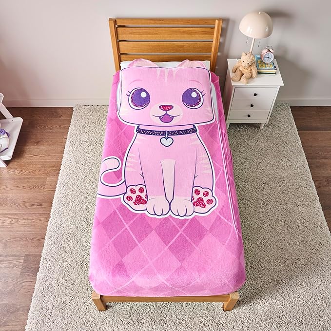 ZippySack Twin Bed Zip-Up Bedding – Super Soft Fleece Fitted Blanket with Side Pocket & Durable Zipper – Easy Bed-Making for Kids (Kitty)