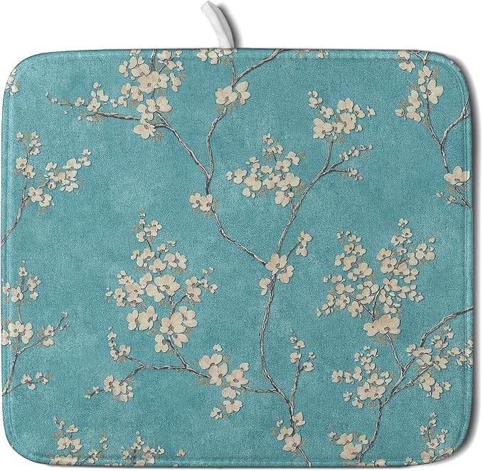 Teal Turquoise Dish Drying Mat for Kitchen Counter Spring Floral Drying Mat 16 by Sweetshow