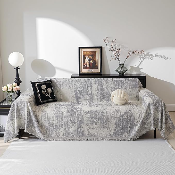MEETSKY Couch Cover for Sectional Sofa Set Abstract Geometric Chenille Sofa Cover Washable for Dog Friendly, Couch Cover 3 Seat Couch Protector Multi-Use Blanket for Living Room, 91"x150", Light Grey