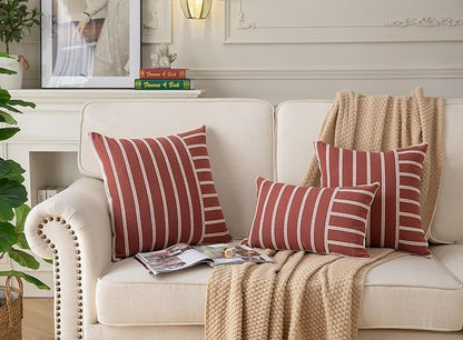 Caflife Boho Fall Throw Pillow Covers 18x18 Set of 2 Soft Farmhouse Decorative Couch Pillow Cases Rust Striped Pillow Covers Neutral Cushion Covers for Sofa Bed Living Room Home Decor