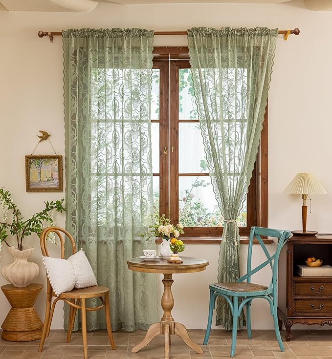 Green Lace French Delicacy Curtains 63 Inches Long -Rod Pocket Luxury Vintage Bow Butterfly Sheer Lace Flower Curtains for Living Room Bedroom，52 x 63 Inch, 2 Panels