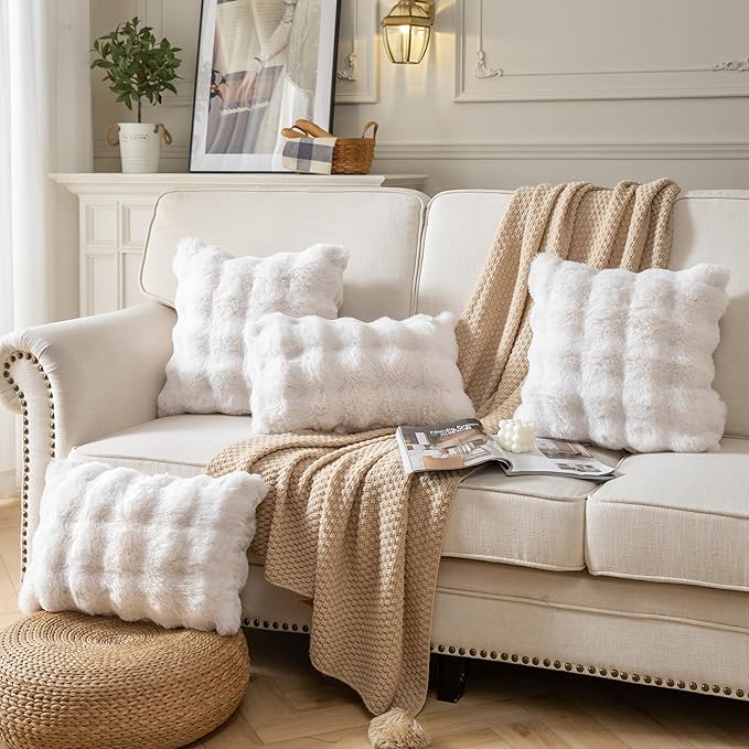 Pack of 2 Thick Plush Throw Pillow Covers Fluffy Wave Faux Fur Decorative Cushion Covers Soft Wool Pillowcase for Sofa Couch Livingroom 12x20 Inch White