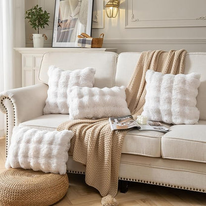 Pack of 2 Thick Plush Throw Pillow Covers Fluffy Wave Faux Fur Decorative Cushion Covers Soft Wool Pillowcase for Sofa Couch Livingroom 12x20 Inch White