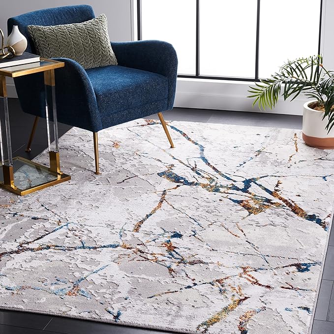 SAFAVIEH Amelia Collection Area Rug - 9' x 12', Grey & Blue Gold, Modern Abstract Design, Non-Shedding & Easy Care, Ideal for High Traffic Areas in Living Room, Bedroom (ALA293M)