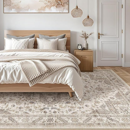Vintage Living Room Area Rug 7x9 - Large Soft Washable Oriental Traditional Distressed Farmhouse Rugs for Bedroom - Indoor Floor Accent Carpet for Home Office House Decor - Light Brown