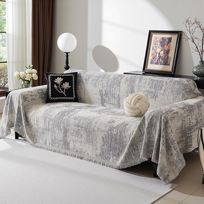 MEETSKY Couch Cover for Sectional Sofa Set Abstract Geometric Chenille Sofa Cover Washable for Dog Friendly, Couch Cover 3 Seat Couch Protector Multi-Use Blanket for Living Room, 91"x150", Light Grey