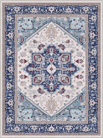 OPPODREAM Thin Area Rugs 9x12 Living Room, Washable Rugs 9x12 with Non Slip Backing, Faux Cashmere Low-Pile 9 x 12 Carpet, Navy Blue & Red & Cream